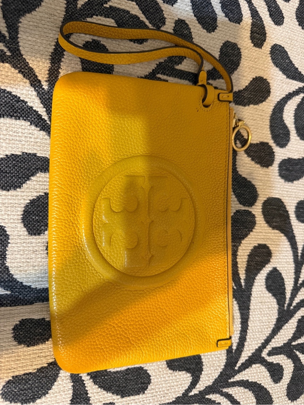 Tory Burch Bright Yellow Pebbled Leather Wristlet with Logo